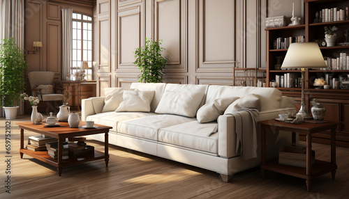Comfortable modern living room with elegant wood flooring and cozy sofa generated by AI