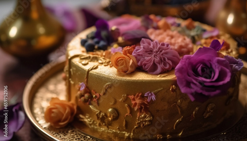 The ornate wedding cake was a gourmet indulgence of chocolate  berries  and cream  decorated with fresh flowers and leaves generated by AI