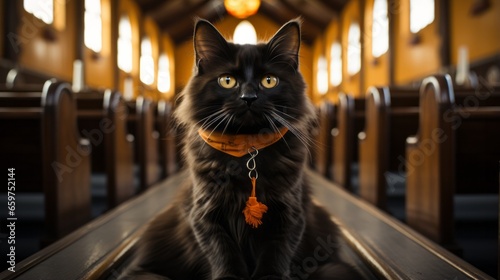 A black feline with wide, inquisitive eyes stares intently as it sits perched atop a moving conveyor belt, its soft whiskers twitching in the stillness of the indoor air photo