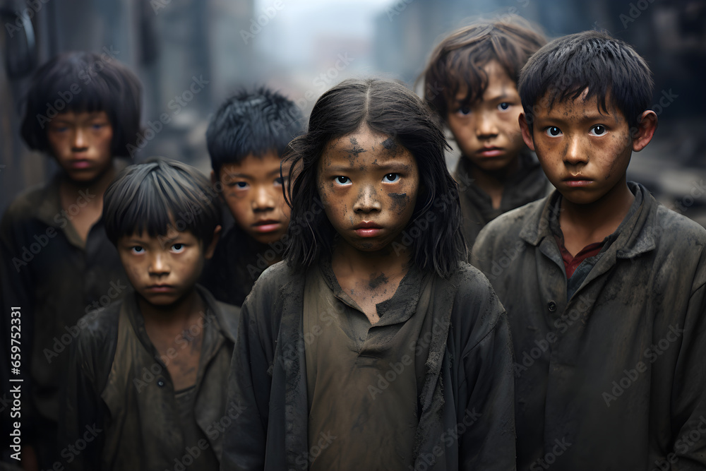 Group portrait of young asian children forced into labor, working in a dirty factory, facing poverty Group portrait of young asian children forced into labor, working in a dirty factory, facing poverty