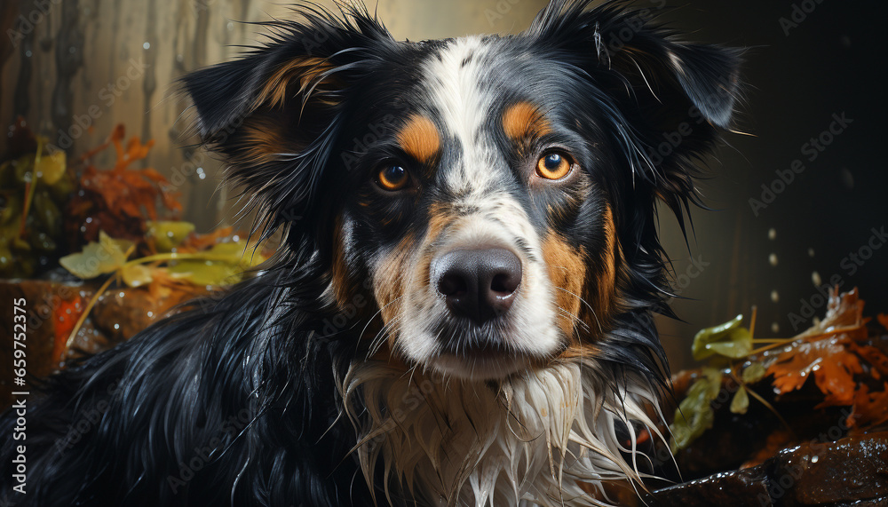 Cute puppy sitting, looking at camera, wet fur, purebred dog generated by AI Cute puppy sitting, looking at camera, wet fur, purebred dog generated by AI