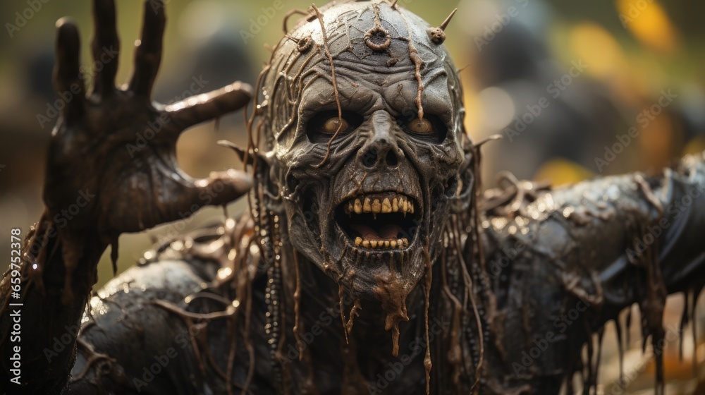 A sculpture of a hauntingly lifelike person with a terrifying face stands in an outdoor setting, evoking an atmosphere of artful dread A sculpture of a hauntingly lifelike person with a terrifying face stands in an outdoor setting, evoking an atmosphere of artful dread