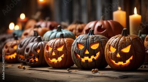 On halloween night, an enchanting scene of carved pumpkins with flickering candles illuminates the darkness, inviting trick-or-treaters to explore the mysterious and magical world of cucurbita