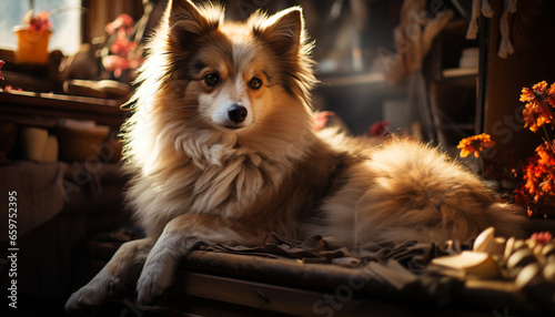 Cute puppy sitting, looking at camera, fluffy fur, playful indoors generated by AI