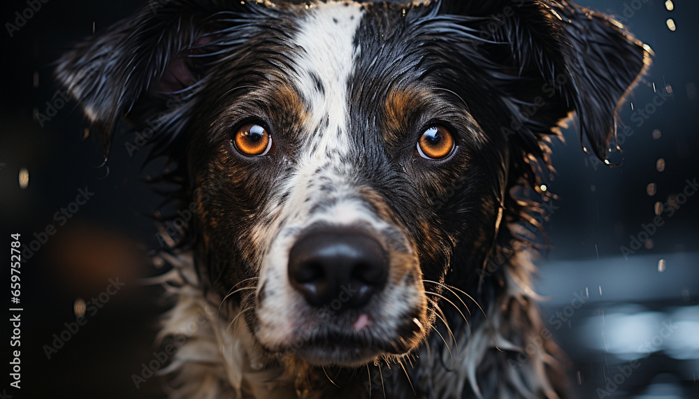Cute puppy, wet fur, looking at camera, purebred dog portrait generated by AI