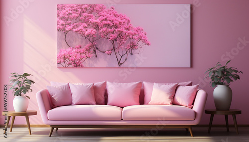 Modern living room with pink sofa, flower vase, and elegant decor generated by AI