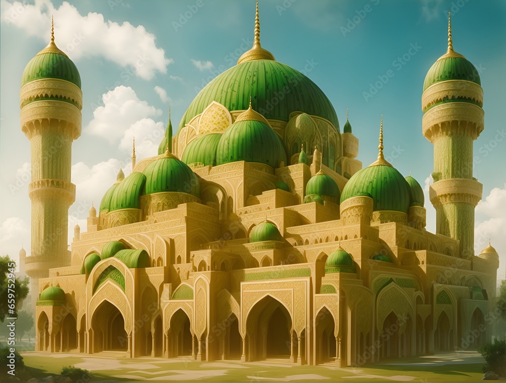beautiful and luxurious mosque building, dominant colors green and gold, AI generated - obrazy, fototapety, plakaty 