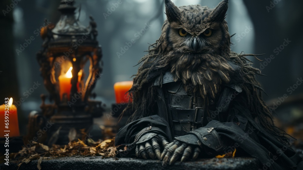 On a dark and spooky halloween night, a mysterious owl statue sits atop a candle-lit ledge, watching over the night with a hauntingly wise gaze