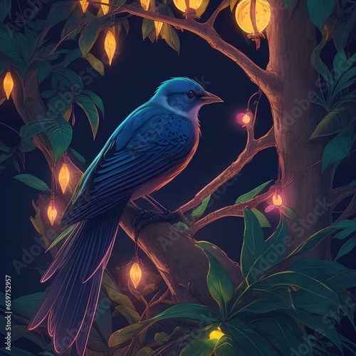 blue bird sitting on the tree with light and black bg