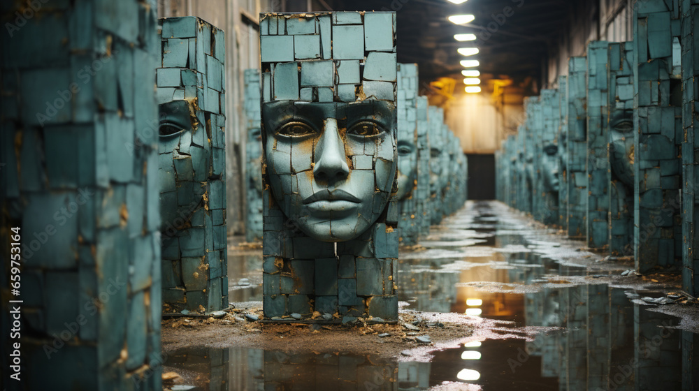 Distorted Puzzle A fractured face with shattered mirror, revealing a puzzle of sharp ...