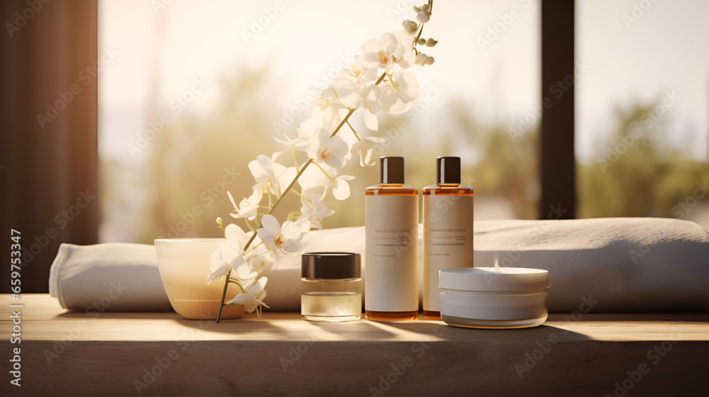 Beauty cosmetics packaging with flower petals, blurry background, generative ai Beauty cosmetics packaging with flower petals, blurry background, generative ai