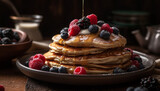 A stack of homemade pancakes with fresh blueberries and syrup generated by AI