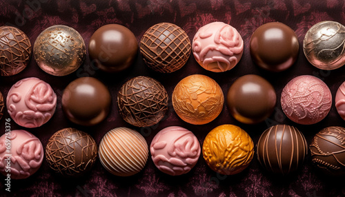 A luxurious chocolate truffle sphere, decorated with ornate patterns generated by AI