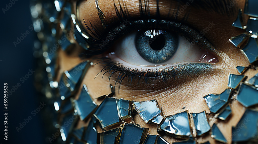 A fractured face with shattered mirror, revealing a puzzle of sharp ...