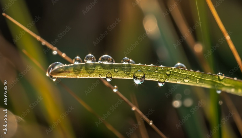 Fresh dew drops on green leaves, nature beauty in focus generated by AI