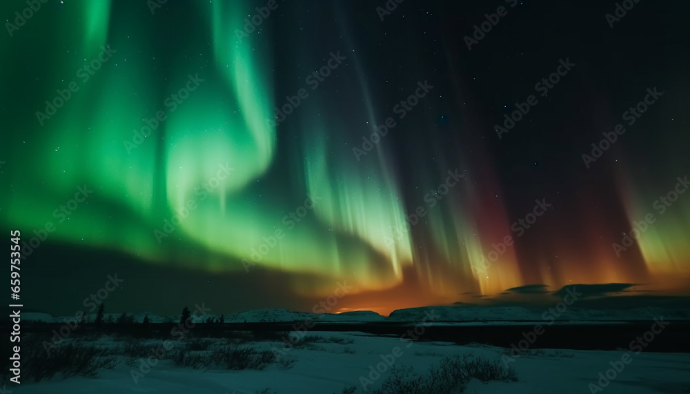 Night sky illuminated by aurora polaris, a majestic winter adventure generated by AI