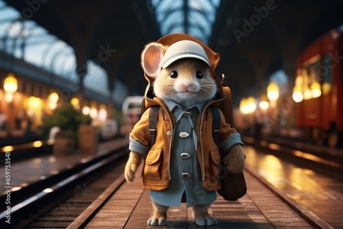 mouse on the railway platform, 3D illustration, train travel