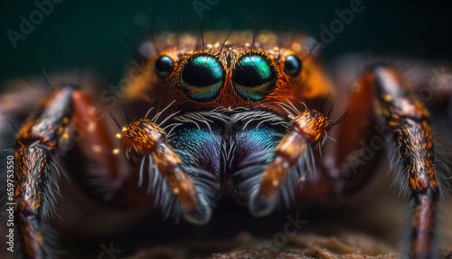 Spooky arachnid hairy leg and multi colored wing in extreme close up generated by AI