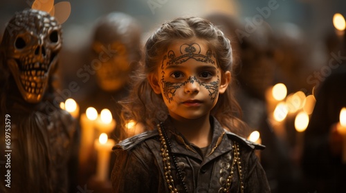 The flickering candlelight illuminates the solemn face of the girl, her eyes darkly framed with jet black face paint that tells a story of sorrow and strength