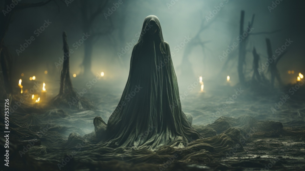 A mysterious figure cloaked in a hooded robe emerges from the fog ...