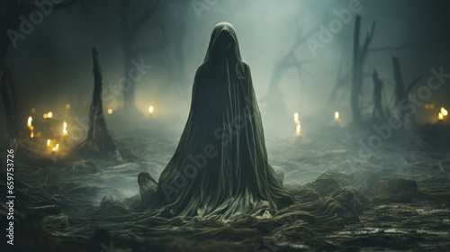 A mysterious figure cloaked in a hooded robe emerges from the fog-filled forest, the dark silhouette setting a mysterious and ethereal atmosphere