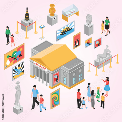 art gallery isometric icons set