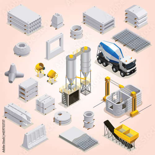 concrete production set isometric icons with manufacturing equipment transport finished stone details isolated