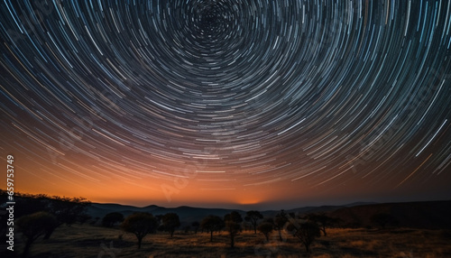 Tranquil scene illuminated by star trail in natural phenomenon pattern generated by AI