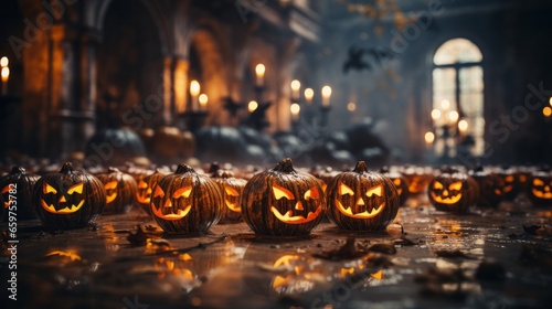 On a dark halloween night  the eerie light of carved pumpkins and flickering candles creates a hauntingly beautiful lantern-lit atmosphere