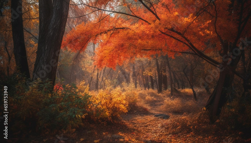 Autumn mystery and beauty in nature, a tranquil forest landscape generated by AI
