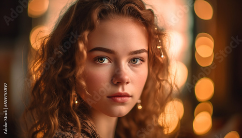 Beautiful young woman with curly brown hair, smiling at camera generated by AI