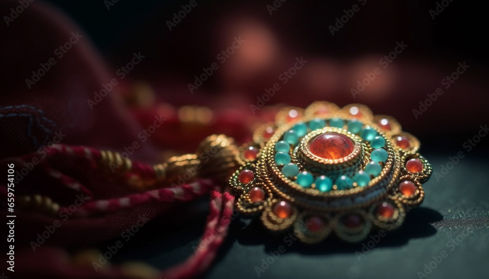 Ornate gold necklace with gemstones exudes elegance and luxury generated by AI