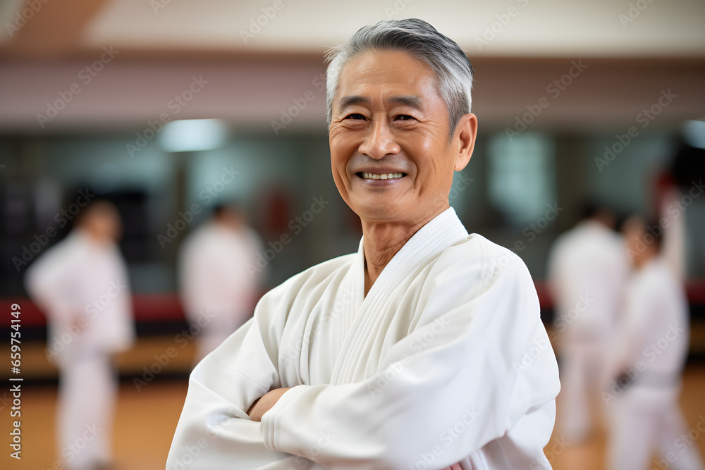 Fototapeta premium Portrait of happy senior retired asian man at karate course