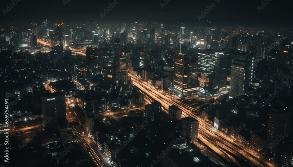 City skyline glows with traffic, skyscrapers, and illuminated buildings generated by AI