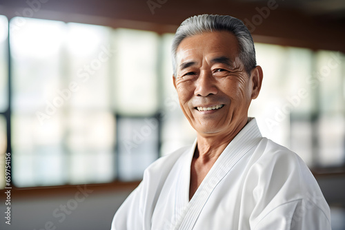 Portrait of happy senior retired asian man at karate course