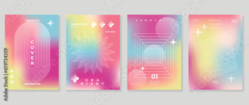 Idol lover posters set. Cute gradient holographic background vector with vibrant color, geometric shapes, line, sparkle. Y2k trendy wallpaper design for social media, cards, banner, flyer, brochure.