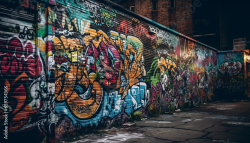 Abstract graffiti mural illuminates dark city street with multi colored chaos generated by AI © Jeronimo Ramos