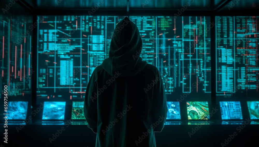 One person, hooded thief, uses technology for computer crime at night generated by AI One person, hooded thief, uses technology for computer crime at night generated by AI
