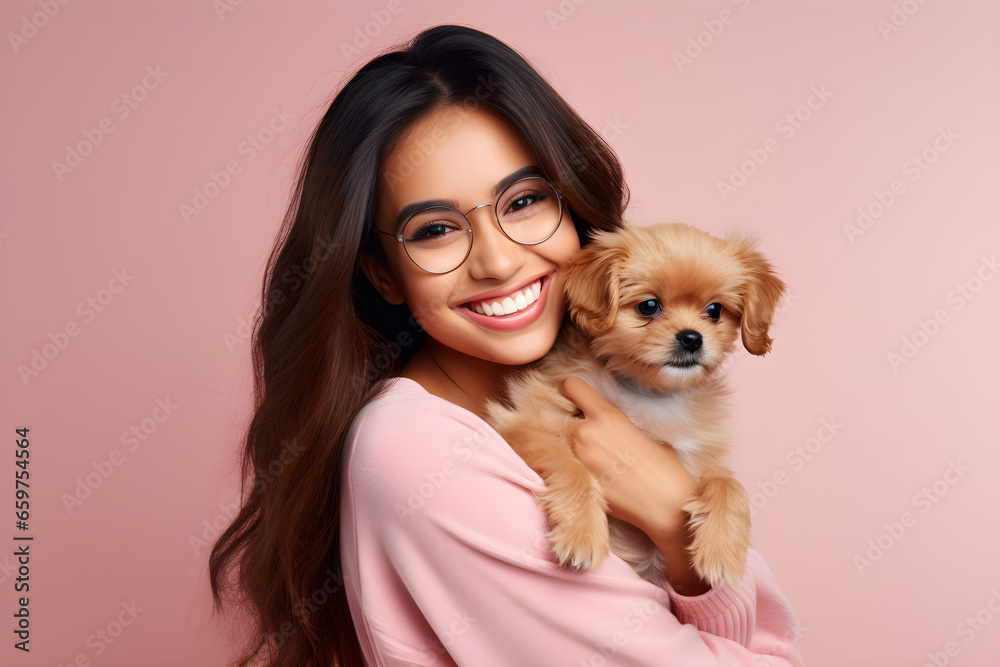 studio portrait of happy young woman hugging puppy studio portrait of happy young woman hugging puppy