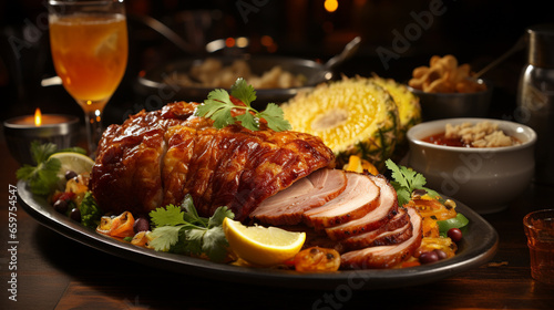 Festive holiday ham glazed and garnished with cloves UHD wallpaper Stock Photographic Image