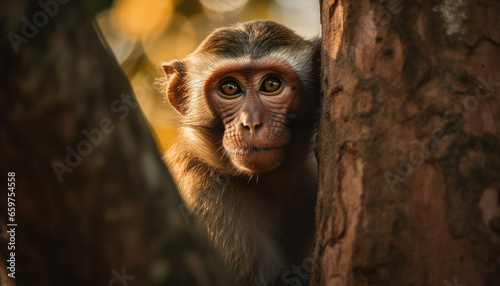 A cute young macaque, with a hairy face, eating peacefully generated by AI