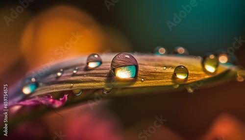 Fresh dew drops on green leaf, nature beauty in close up generated by AI