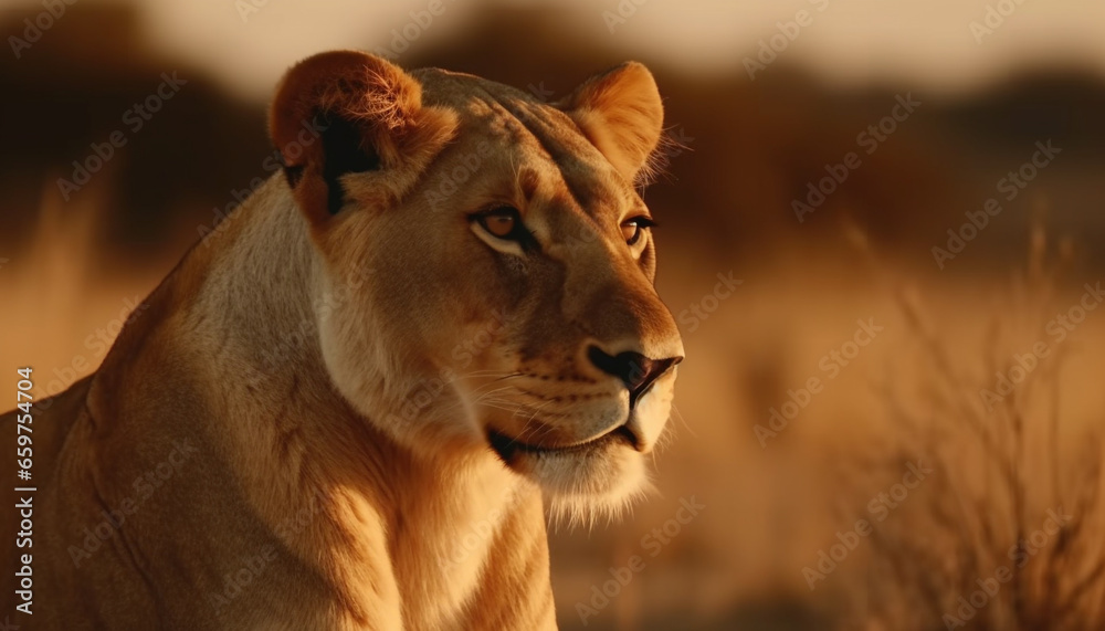 Majestic lioness in the savannah, a portrait of natural beauty generated by AI Majestic lioness in the savannah, a portrait of natural beauty generated by AI