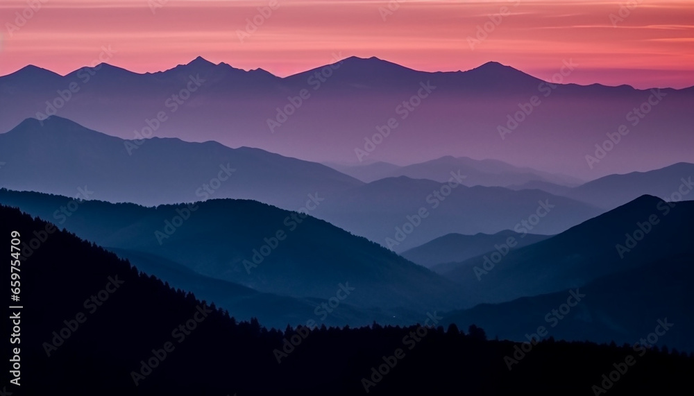 The majestic mountain range silhouetted against the tranquil sunset sky generated by AI