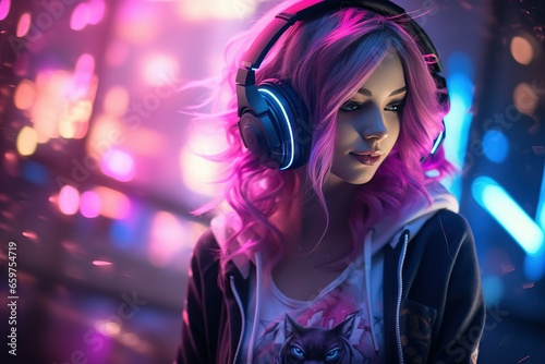 Excited player happily immersed in her treasured music  enhancing her gaming enthusiasm