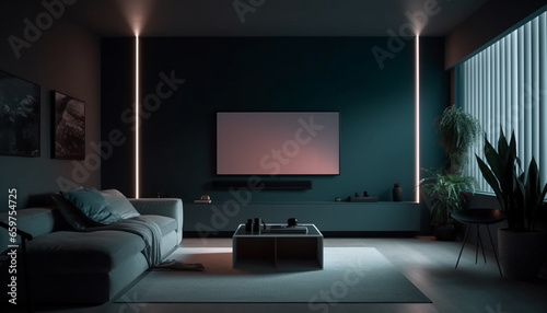 Modern living room with comfortable sofa, illuminated by electric lamp generated by AI