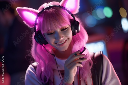 Delighted gamer, cheered by the melodies of her cherished music, enhancing the gaming experience