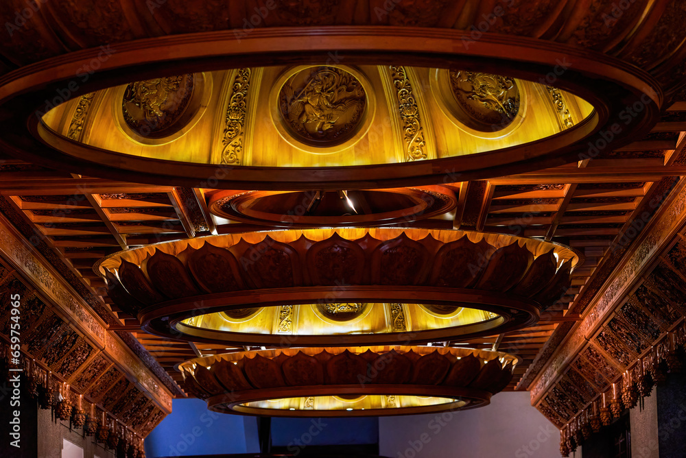 Brilliant and luxurious Chinese-style building with gold wood carving ceiling