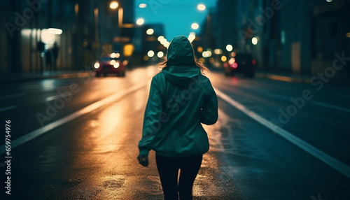 One person jogging in the dark city streets at dusk generated by AI