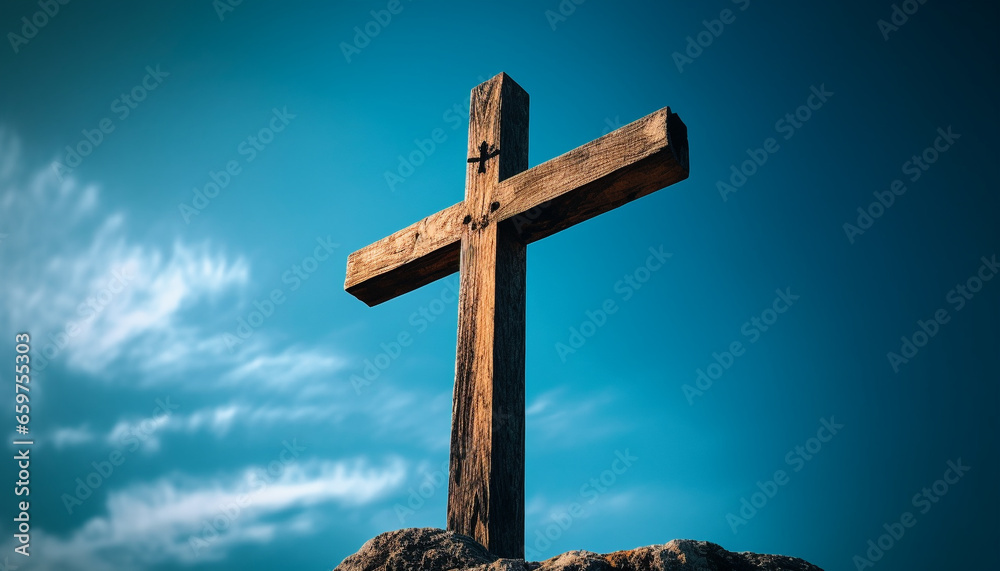 Praying for salvation, forgiveness, and peace under the cross silhouette generated by AI Praying for salvation, forgiveness, and peace under the cross silhouette generated by AI